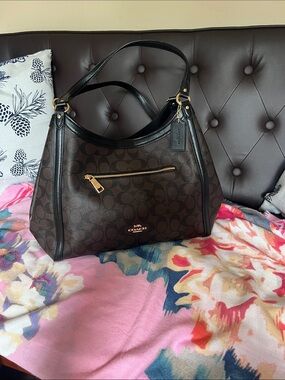 Coach Dark Brown Signature Canvas Shoulder Bag with Black Trim